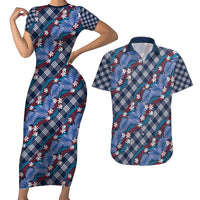 Polynesian Monstera Tiare Floral Couples Matching Short Sleeve Bodycon Dress and Hawaiian Shirt Royal Blue Tropical Plaid - Polynesian Pride