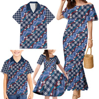Polynesian Monstera Tiare Floral Family Matching Mermaid Dress and Hawaiian Shirt Royal Blue Tropical Plaid - Polynesian Pride