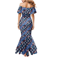 Polynesian Monstera Tiare Floral Family Matching Mermaid Dress and Hawaiian Shirt Royal Blue Tropical Plaid - Polynesian Pride