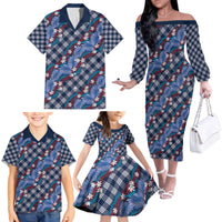 Polynesian Monstera Tiare Floral Family Matching Off The Shoulder Long Sleeve Dress and Hawaiian Shirt Royal Blue Tropical Plaid - Polynesian Pride