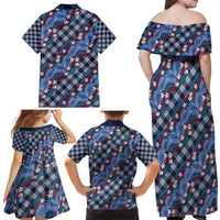 Polynesian Monstera Tiare Floral Family Matching Off Shoulder Maxi Dress and Hawaiian Shirt Royal Blue Tropical Plaid - Polynesian Pride