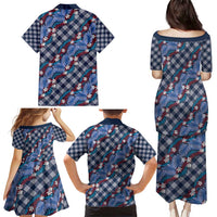 Polynesian Monstera Tiare Floral Family Matching Puletasi and Hawaiian Shirt Royal Blue Tropical Plaid - Polynesian Pride