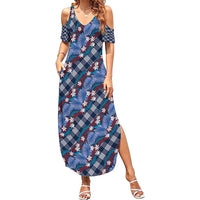 Polynesian Monstera Tiare Floral Family Matching Summer Maxi Dress and Hawaiian Shirt Royal Blue Tropical Plaid - Polynesian Pride
