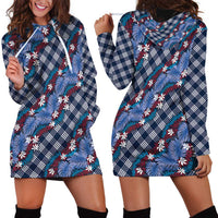 Polynesian Monstera Tiare Floral Hoodie Dress Royal Blue Tropical Plaid - Polynesian Pride