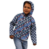 Polynesian Monstera Tiare Floral Kid Hoodie Royal Blue Tropical Plaid - Polynesian Pride