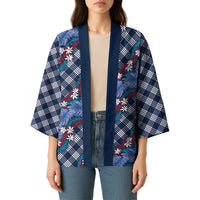 Polynesian Monstera Tiare Floral Kimono Royal Blue Tropical Plaid - Polynesian Pride