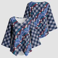 Polynesian Monstera Tiare Floral Kimono Sleeve Blouse Royal Blue Tropical Plaid - Polynesian Pride