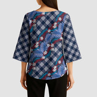 Polynesian Monstera Tiare Floral Kimono Sleeve Blouse Royal Blue Tropical Plaid - Polynesian Pride