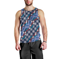 Polynesian Monstera Tiare Floral Men Tank Top Royal Blue Tropical Plaid - Polynesian Pride