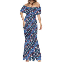Polynesian Monstera Tiare Floral Mermaid Dress Royal Blue Tropical Plaid - Polynesian Pride