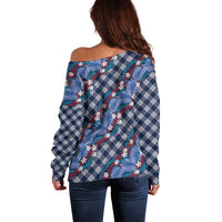 Polynesian Monstera Tiare Floral Off Shoulder Sweater Royal Blue Tropical Plaid - Polynesian Pride