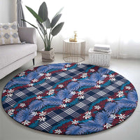 Polynesian Monstera Tiare Floral Round Carpet Royal Blue Tropical Plaid - Polynesian Pride