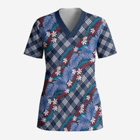Polynesian Monstera Tiare Floral Scrub Top Royal Blue Tropical Plaid - Polynesian Pride