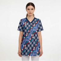 Polynesian Monstera Tiare Floral Scrub Top Royal Blue Tropical Plaid - Polynesian Pride