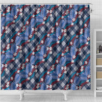 Polynesian Monstera Tiare Floral Shower Curtain Royal Blue Tropical Plaid - Polynesian Pride