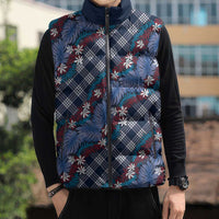Polynesian Monstera Tiare Floral Sleeveless Puffer Jacket Royal Blue Tropical Plaid - Polynesian Pride