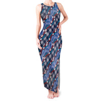 Polynesian Monstera Tiare Floral Tank Maxi Dress Royal Blue Tropical Plaid - Polynesian Pride