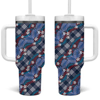 Polynesian Monstera Tiare Floral Tumbler With Handle Royal Blue Tropical Plaid - Polynesian Pride