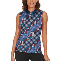 Polynesian Monstera Tiare Floral Women Sleeveless Polo Shirt Royal Blue Tropical Plaid - Polynesian Pride