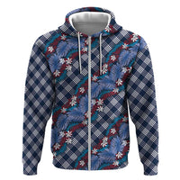 Polynesian Monstera Tiare Floral Zip Hoodie Royal Blue Tropical Plaid - Polynesian Pride