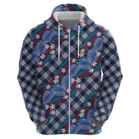 Polynesian Monstera Tiare Floral Zip Hoodie Royal Blue Tropical Plaid - Polynesian Pride
