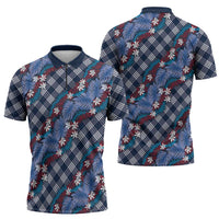 Polynesian Monstera Tiare Floral Zipper Polo Shirt Royal Blue Tropical Plaid - Polynesian Pride