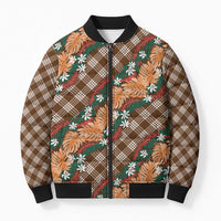 Polynesian Monstera Tiare Floral Bomber Puffer Jacket Chocolate Brown Tropical Plaid - Polynesian Pride
