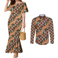 Polynesian Monstera Tiare Floral Couples Matching Mermaid Dress and Long Sleeve Button Shirt Chocolate Brown Tropical Plaid - Polynesian Pride