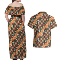 Polynesian Monstera Tiare Floral Couples Matching Off Shoulder Maxi Dress and Hawaiian Shirt Chocolate Brown Tropical Plaid - Polynesian Pride