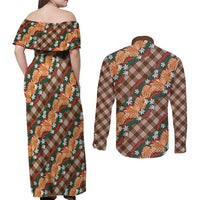 Polynesian Monstera Tiare Floral Couples Matching Off Shoulder Maxi Dress and Long Sleeve Button Shirt Chocolate Brown Tropical Plaid - Polynesian Pride
