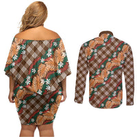 Polynesian Monstera Tiare Floral Couples Matching Off Shoulder Short Dress and Long Sleeve Button Shirt Chocolate Brown Tropical Plaid - Polynesian Pride