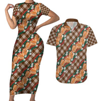 Polynesian Monstera Tiare Floral Couples Matching Short Sleeve Bodycon Dress and Hawaiian Shirt Chocolate Brown Tropical Plaid - Polynesian Pride