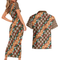 Polynesian Monstera Tiare Floral Couples Matching Short Sleeve Bodycon Dress and Hawaiian Shirt Chocolate Brown Tropical Plaid - Polynesian Pride