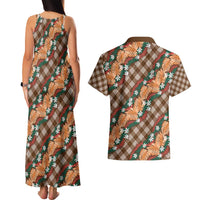 Polynesian Monstera Tiare Floral Couples Matching Tank Maxi Dress and Hawaiian Shirt Chocolate Brown Tropical Plaid - Polynesian Pride