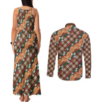 Polynesian Monstera Tiare Floral Couples Matching Tank Maxi Dress and Long Sleeve Button Shirt Chocolate Brown Tropical Plaid - Polynesian Pride