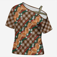 Polynesian Monstera Tiare Floral Cross Shoulder Shirt Chocolate Brown Tropical Plaid - Polynesian Pride