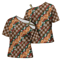 Polynesian Monstera Tiare Floral Cross Shoulder Shirt Chocolate Brown Tropical Plaid - Polynesian Pride