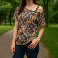 Polynesian Monstera Tiare Floral Cross Shoulder Shirt Chocolate Brown Tropical Plaid - Polynesian Pride