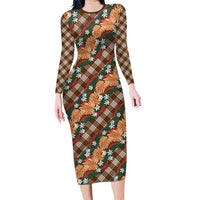 Polynesian Monstera Tiare Floral Family Matching Long Sleeve Bodycon Dress and Hawaiian Shirt Chocolate Brown Tropical Plaid - Polynesian Pride