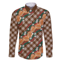 Polynesian Monstera Tiare Floral Family Matching Off The Shoulder Long Sleeve Dress and Hawaiian Shirt Chocolate Brown Tropical Plaid - Polynesian Pride