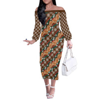 Polynesian Monstera Tiare Floral Family Matching Off The Shoulder Long Sleeve Dress and Hawaiian Shirt Chocolate Brown Tropical Plaid - Polynesian Pride