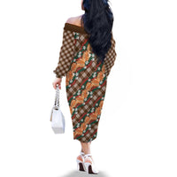 Polynesian Monstera Tiare Floral Family Matching Off The Shoulder Long Sleeve Dress and Hawaiian Shirt Chocolate Brown Tropical Plaid - Polynesian Pride