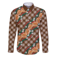 Polynesian Monstera Tiare Floral Family Matching Off Shoulder Short Dress and Hawaiian Shirt Chocolate Brown Tropical Plaid - Polynesian Pride