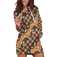 Polynesian Monstera Tiare Floral Hoodie Dress Chocolate Brown Tropical Plaid - Polynesian Pride