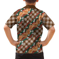 Polynesian Monstera Tiare Floral Kid Hawaiian Shirt Chocolate Brown Tropical Plaid - Polynesian Pride