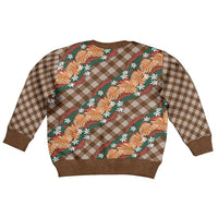 Polynesian Monstera Tiare Floral Kid Ugly Christmas Sweater Chocolate Brown Tropical Plaid - Polynesian Pride