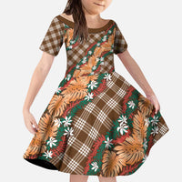 Polynesian Monstera Tiare Floral Kid Short Sleeve Dress Chocolate Brown Tropical Plaid - Polynesian Pride