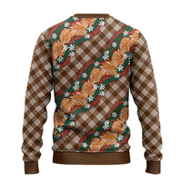 Polynesian Monstera Tiare Floral Ugly Christmas Sweater Chocolate Brown Tropical Plaid - Polynesian Pride