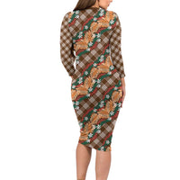 Polynesian Monstera Tiare Floral Long Sleeve Bodycon Dress Chocolate Brown Tropical Plaid - Polynesian Pride