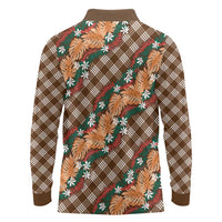 Polynesian Monstera Tiare Floral Long Sleeve Polo Shirt Chocolate Brown Tropical Plaid - Polynesian Pride